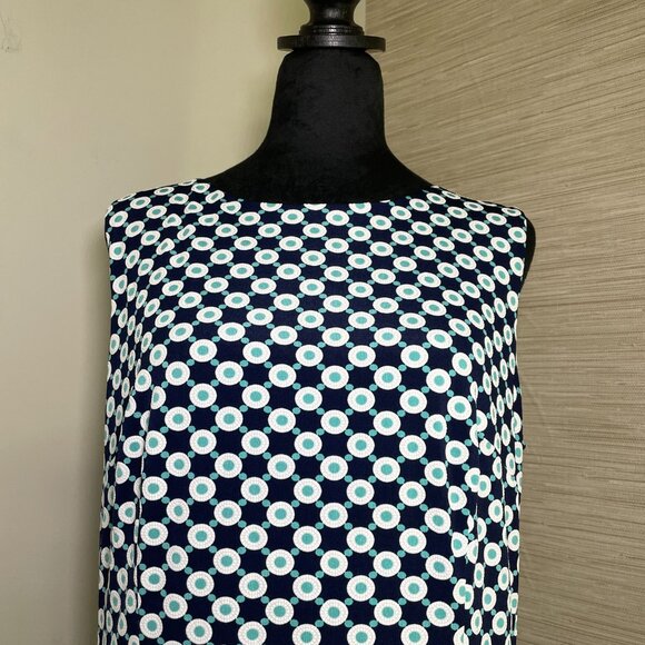 Women's Size 12 Liz Claiborne Navy Teal White Print Sleeveless Dress w/ Pockets - Picture 4 of 11